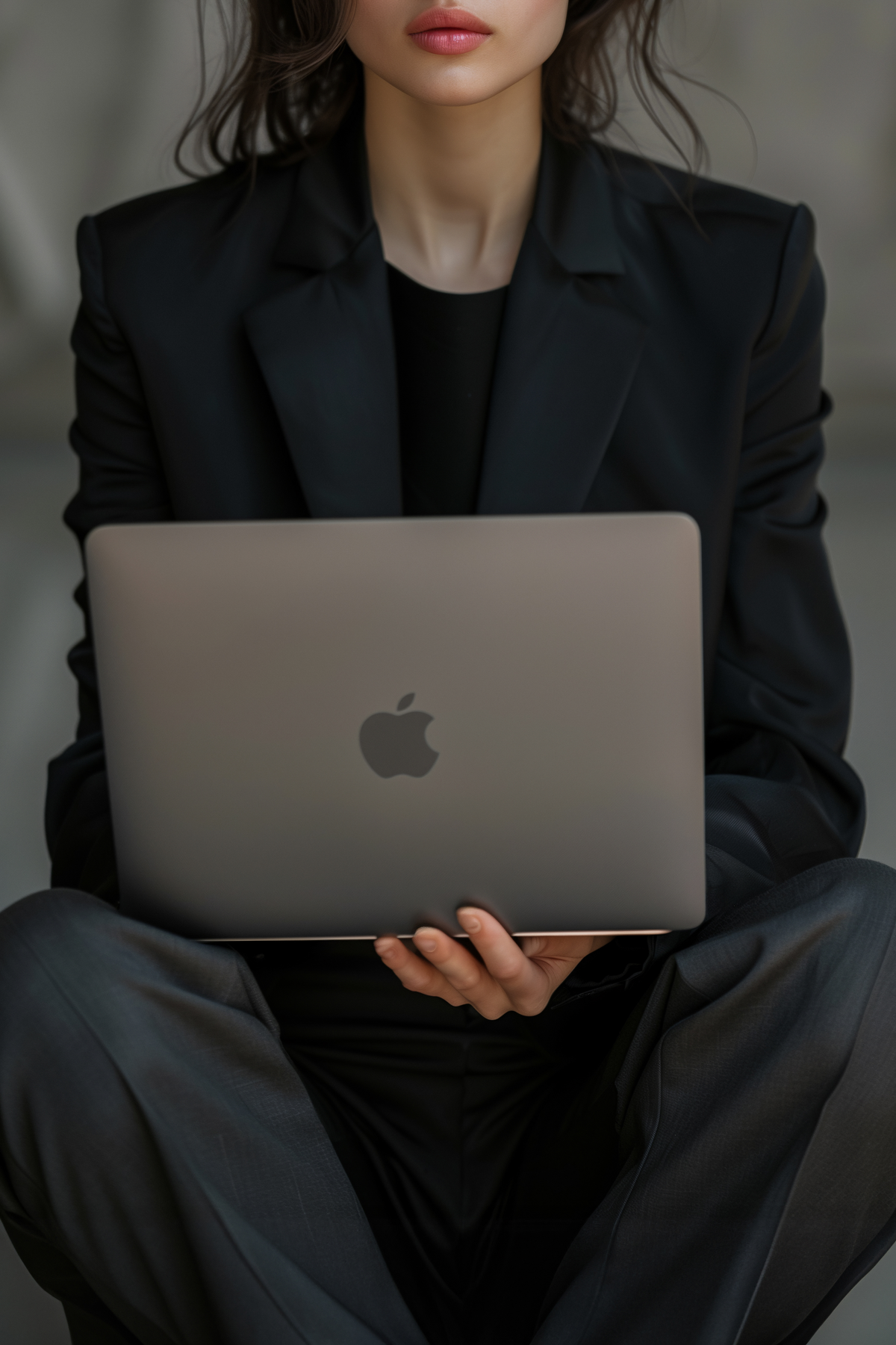 Woman in a black blazer sitting cross-legged with a laptop, working through which direction to take her personal brand
