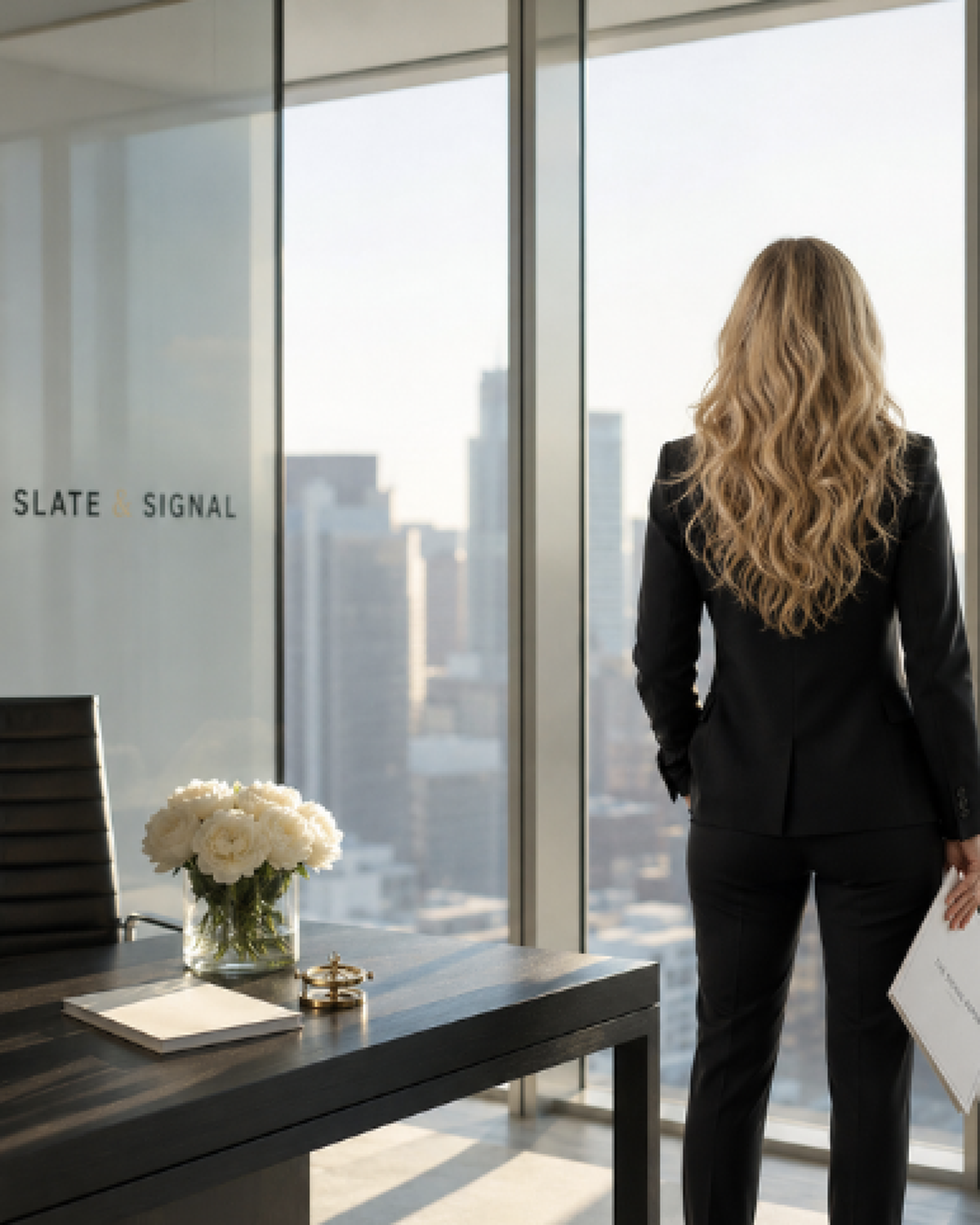 Editorial portrait, woman looking out over a city skyline in an office marked Slate & Signal