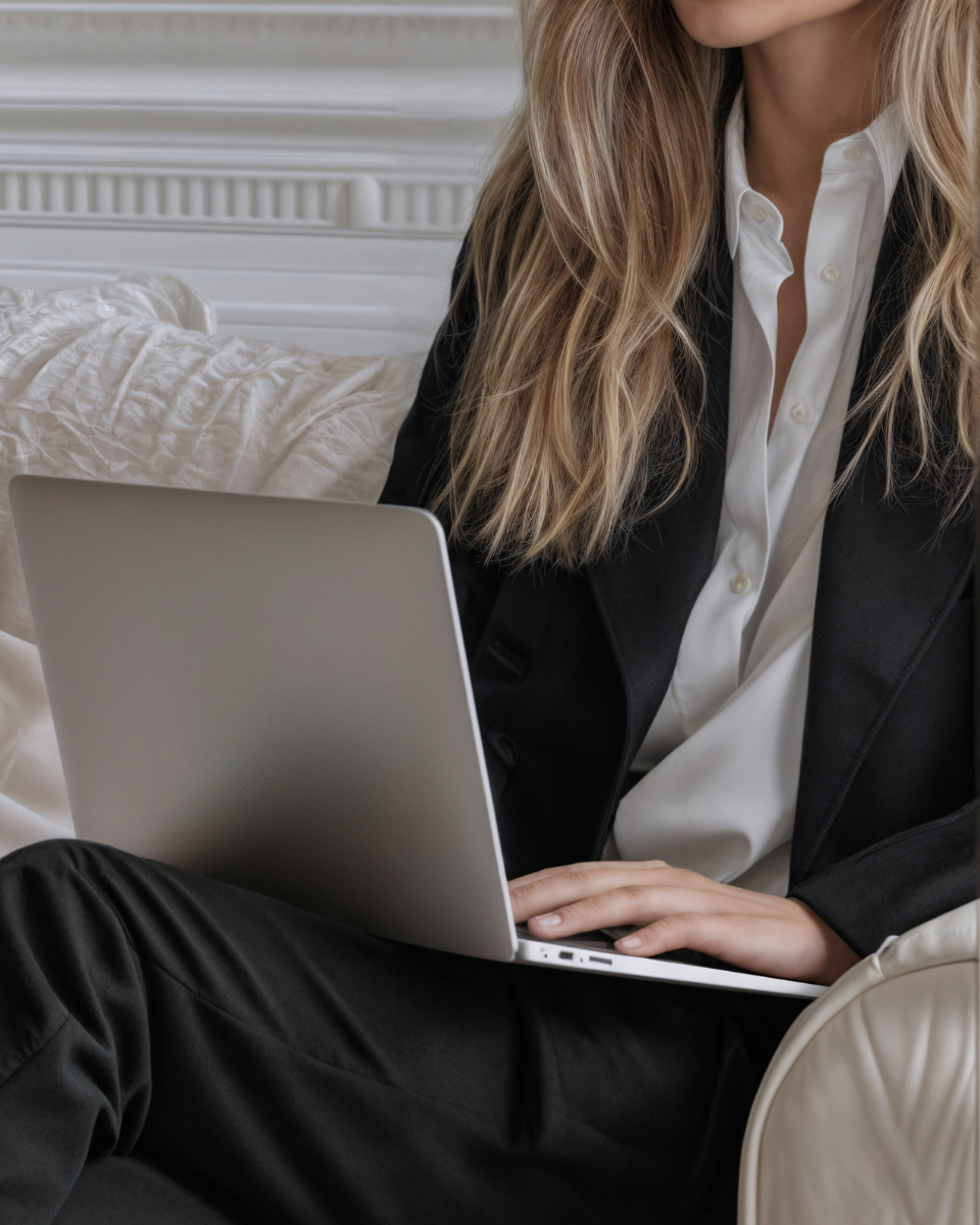 Woman in a black blazer working on a laptop in a bright, quiet room