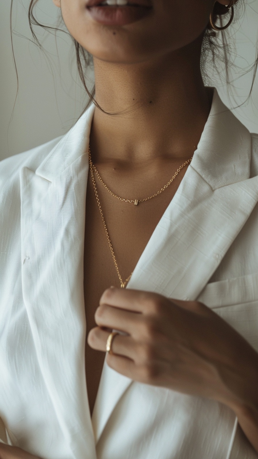 A white blazer with fine gold chains